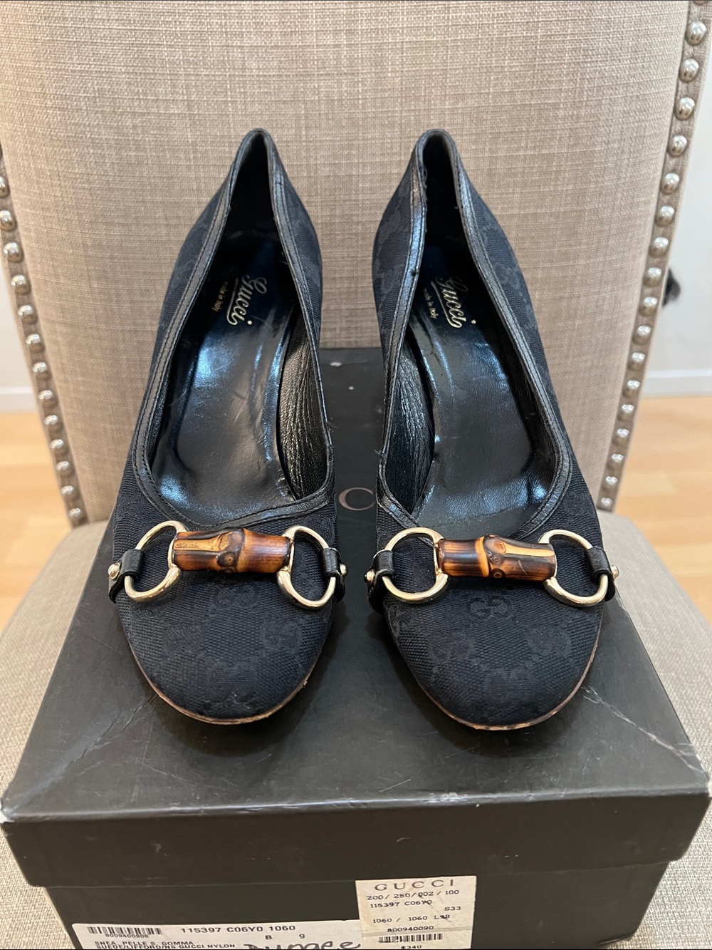 Gucci Black Canvas Pumps with Bamboo Bit and Gold Hardware